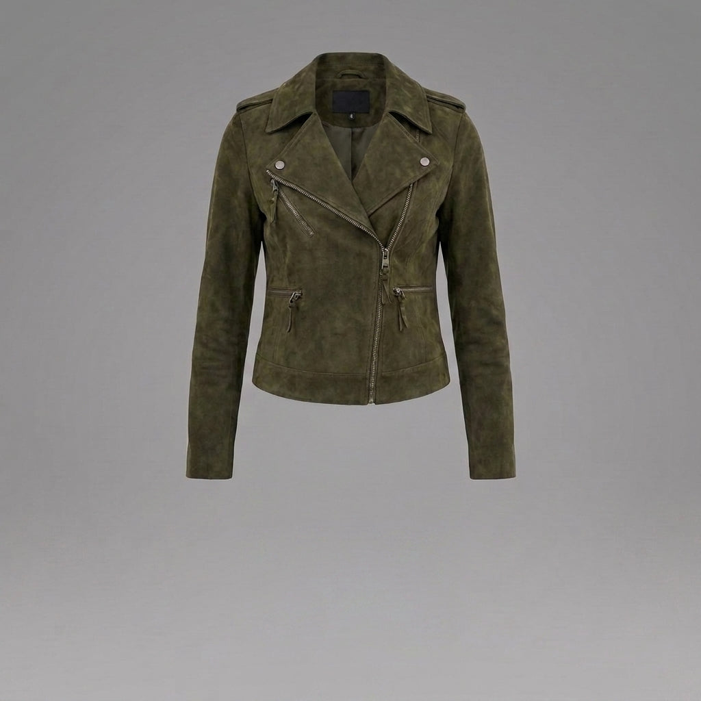 Olive Green Suede Biker Jacket