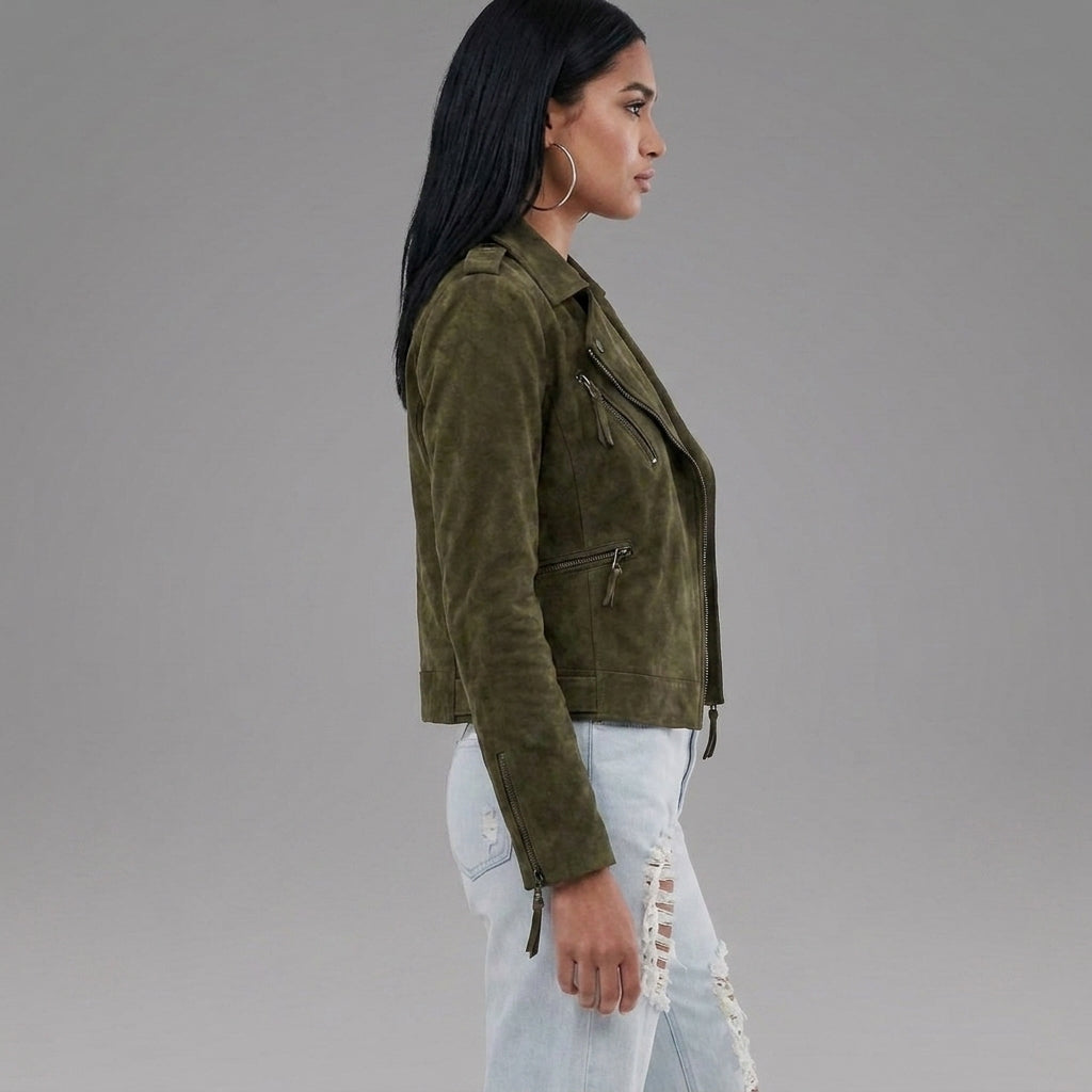 Olive Green Suede Biker Jacket
