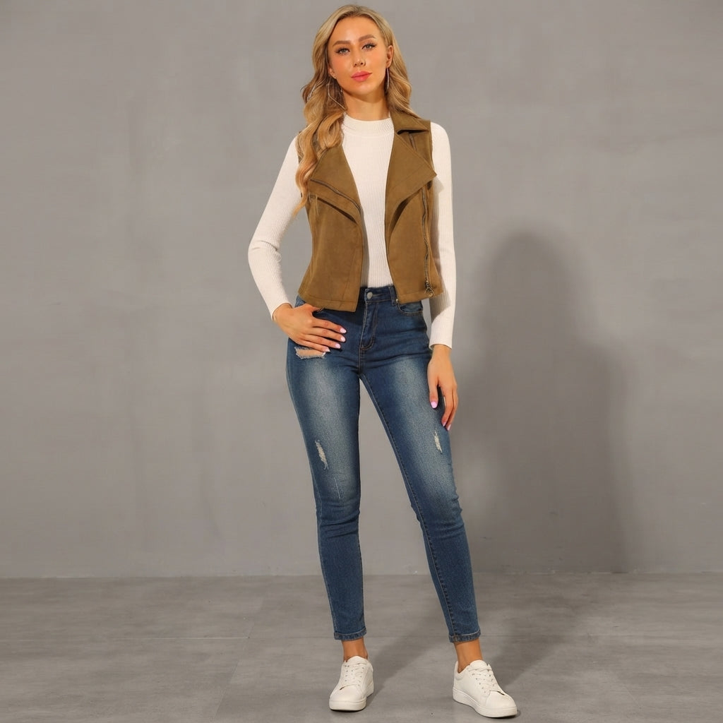 Olive Tan Suede Biker Vest