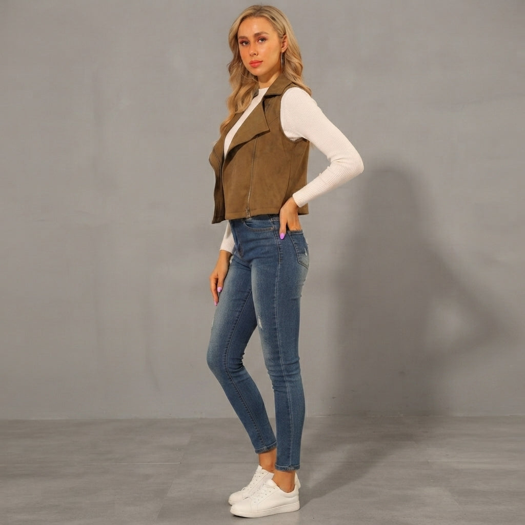 Olive Tan Suede Biker Vest