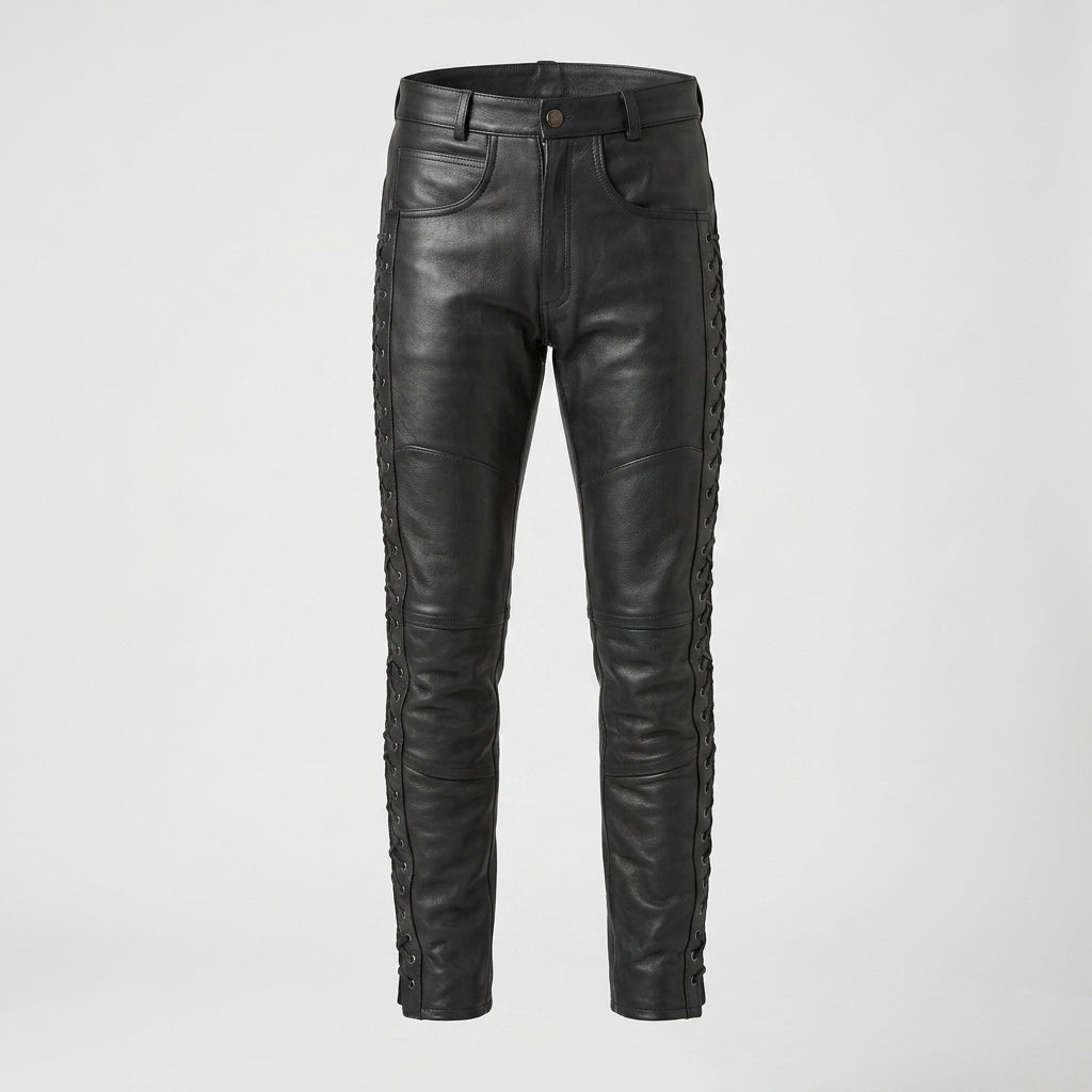 Men's Black Leather Pants Classic Motorcycle Riding Trousers