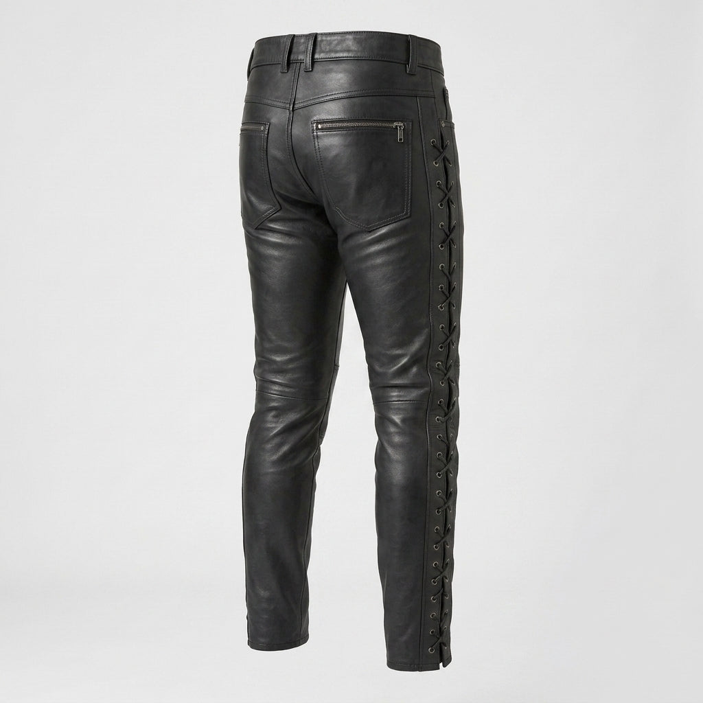 Men's Black Leather Pants Classic Motorcycle Riding Trousers