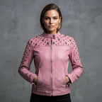 Women's Pink Punk Metal-Studded Leather Jacket