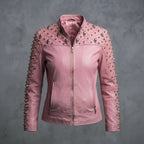 Women's Pink Punk Metal-Studded Leather Jacket