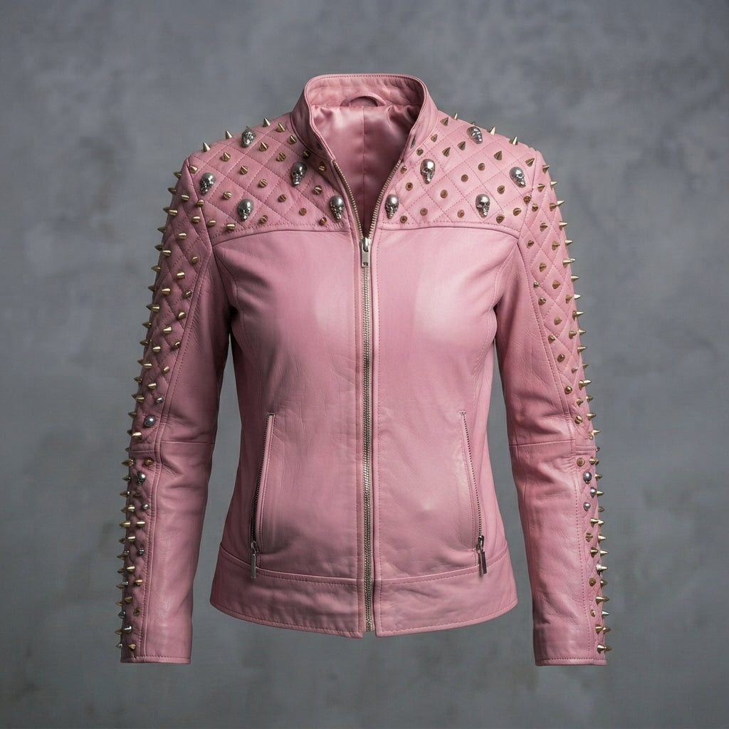 Women's Pink Punk Metal-Studded Leather Jacket