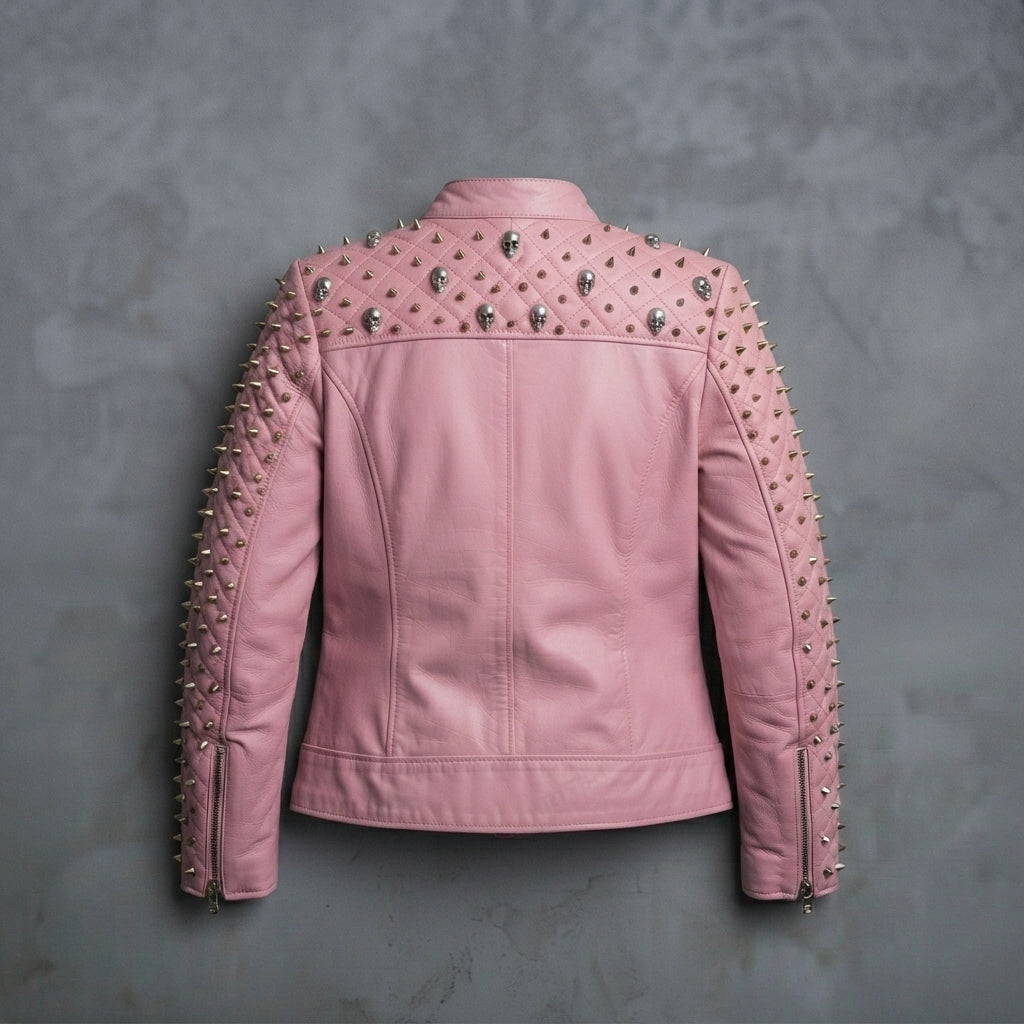 Women's Pink Punk Metal-Studded Leather Jacket