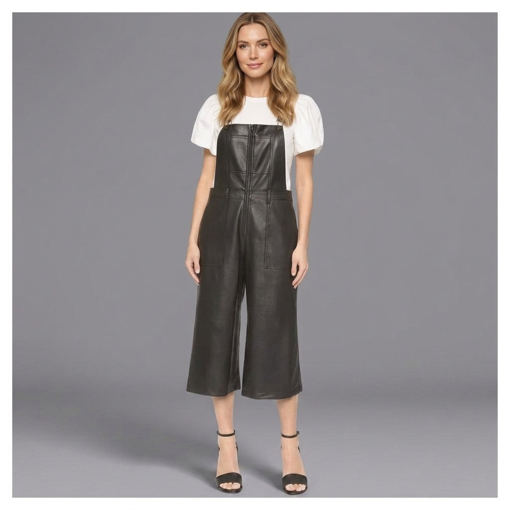 Black Leather Utility Romper for Women