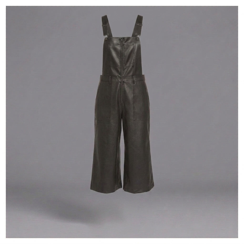 Black Leather Utility Romper for Women