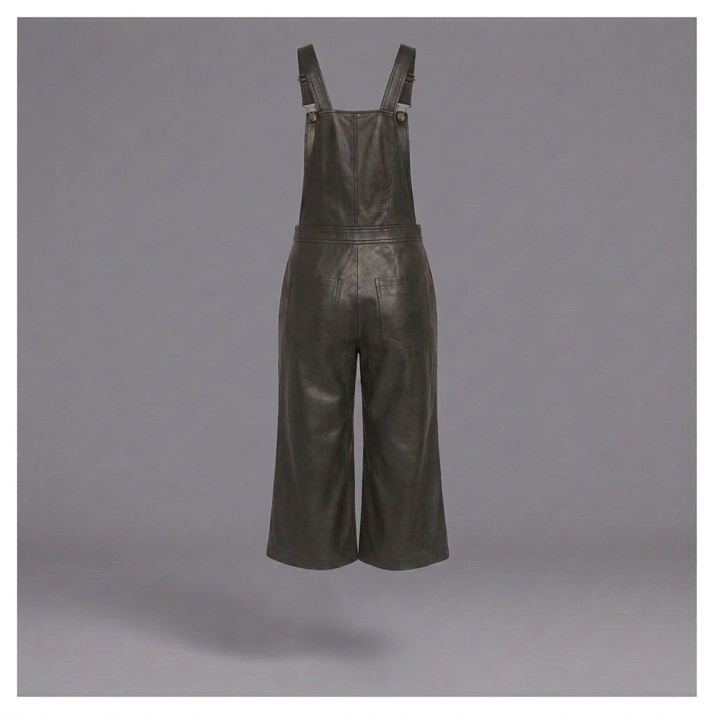 Black Leather Utility Romper for Women