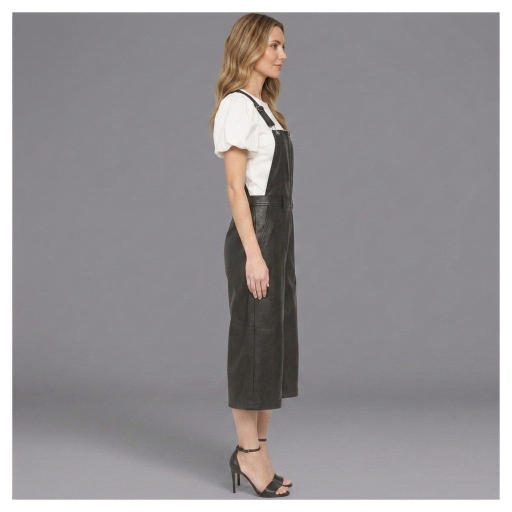 Black Leather Utility Romper for Women