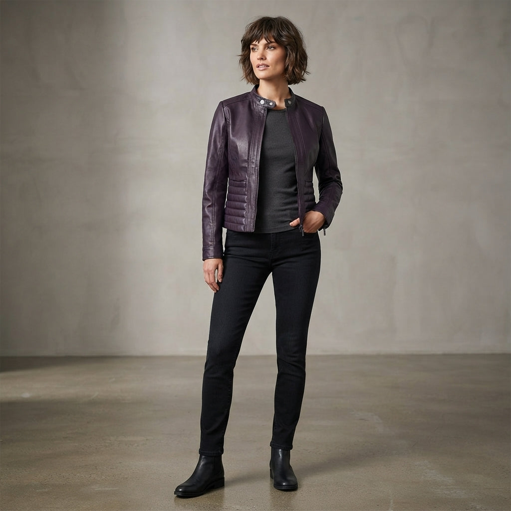 Women's Purple Snap-Collar Leather Jacket