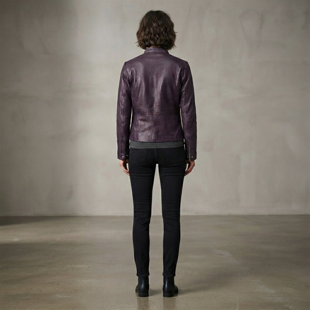 Women's Purple Snap-Collar Leather Jacket
