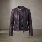 Women's Purple Snap-Collar Leather Jacket