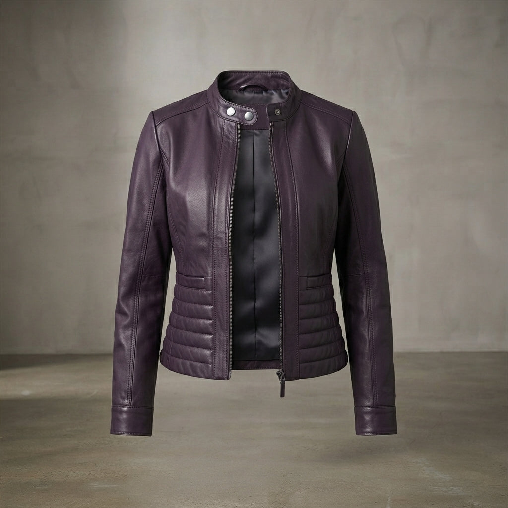 Women's Purple Snap-Collar Leather Jacket
