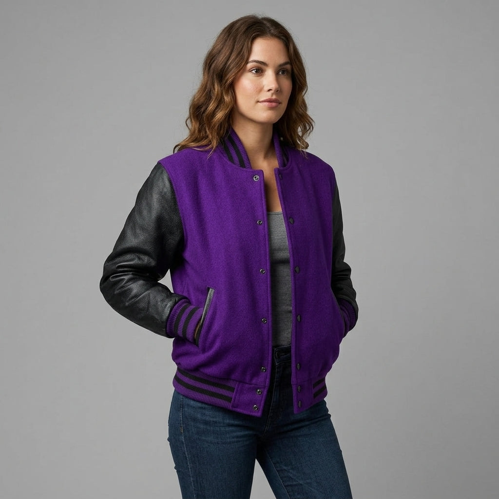Women's Purple & Black Leather Varsity Jacket