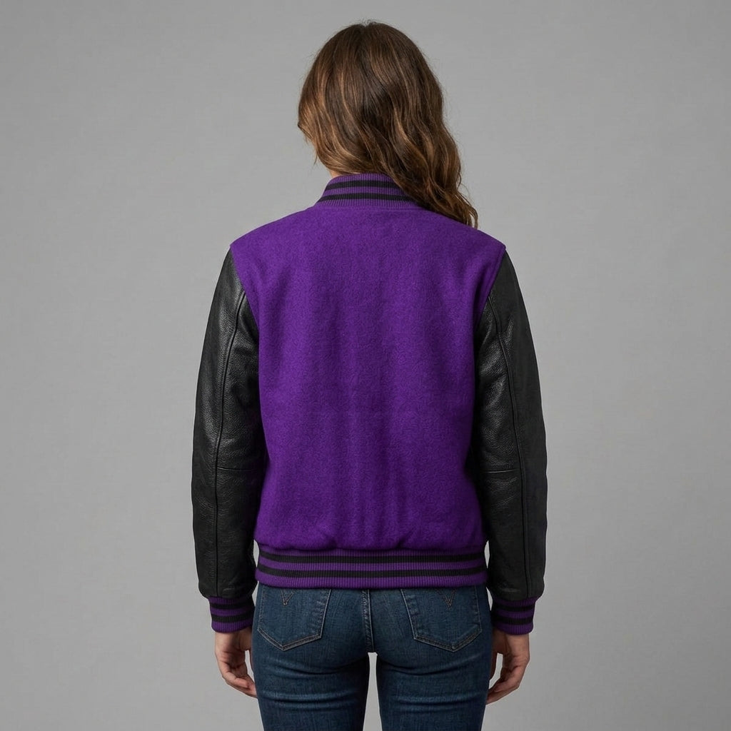 Women's Purple & Black Leather Varsity Jacket