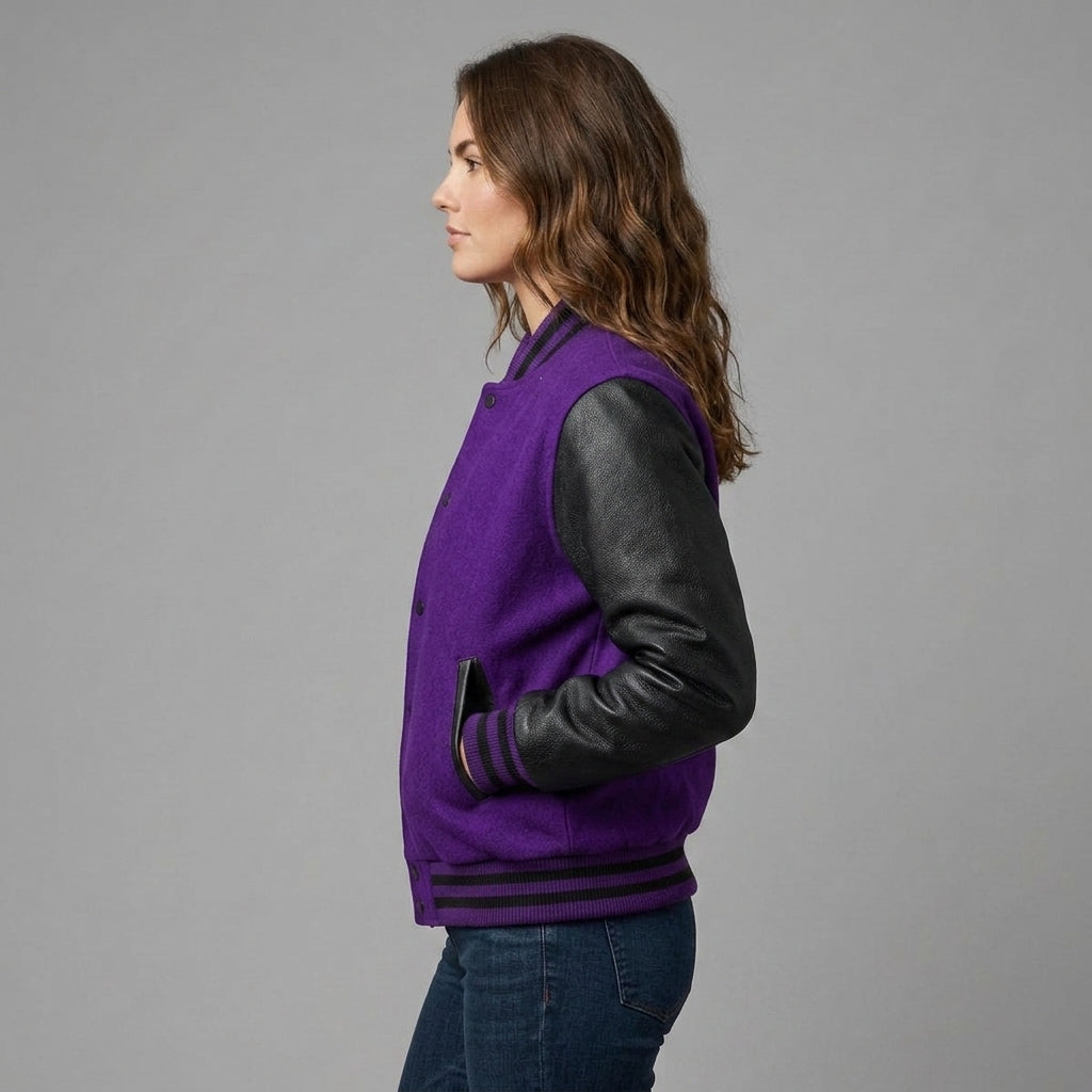 Women's Purple & Black Leather Varsity Jacket