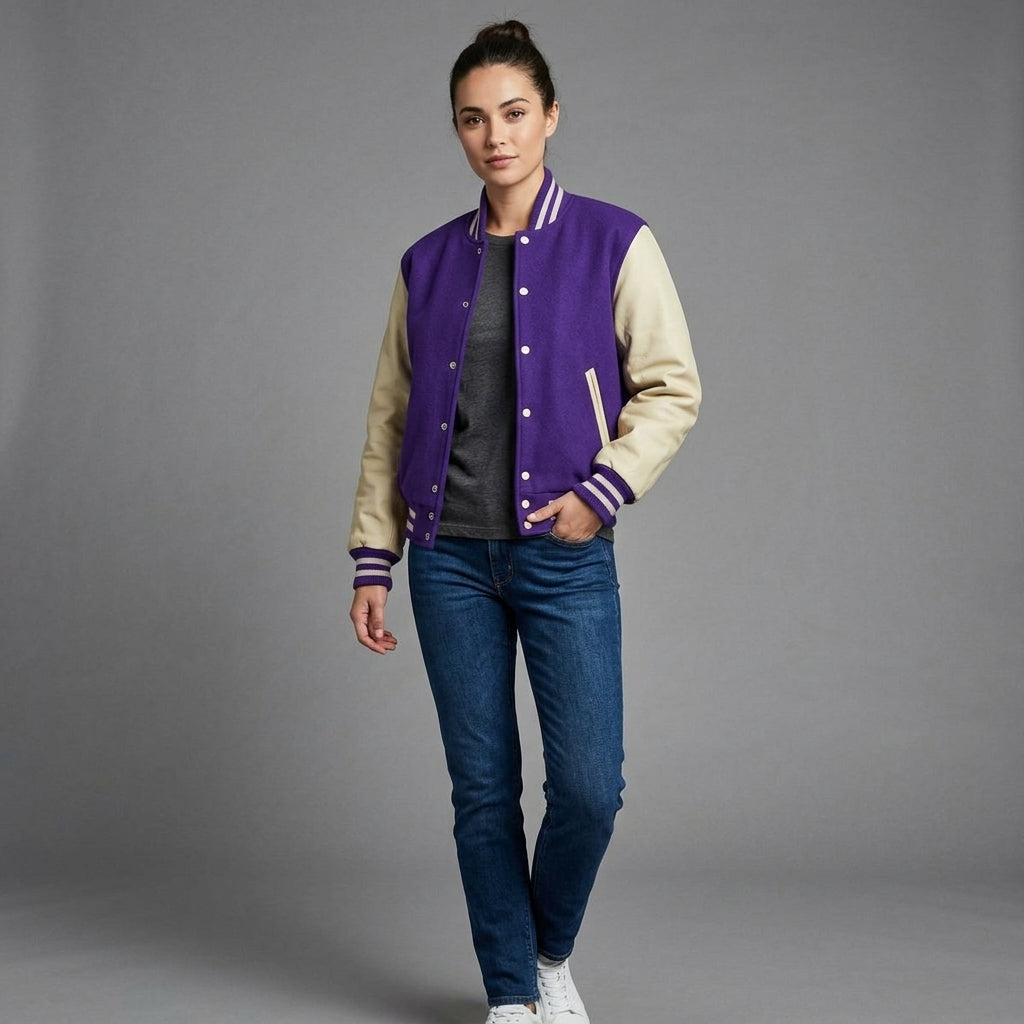 Women's Purple & Cream Leather Varsity Jacket