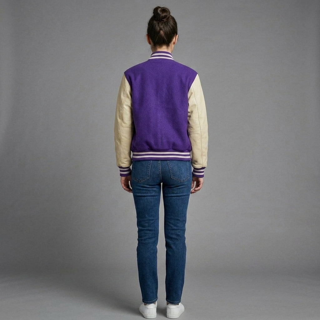 Women's Purple & Cream Leather Varsity Jacket