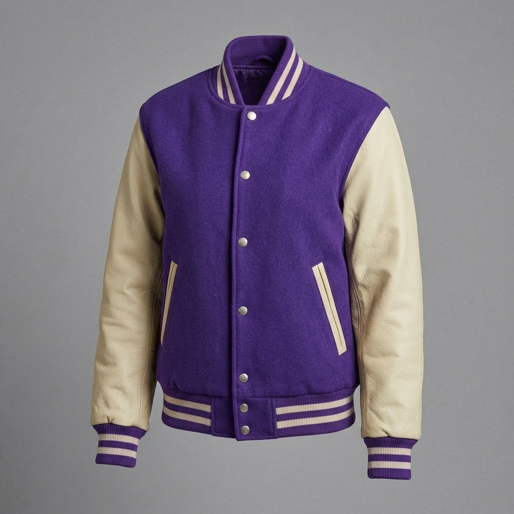Women's Purple & Cream Leather Varsity Jacket