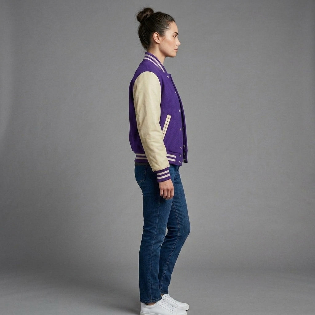 Women's Purple & Cream Leather Varsity Jacket