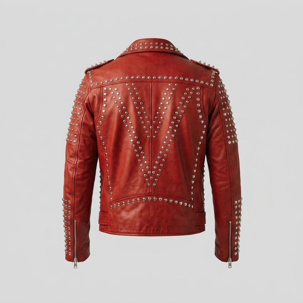 Men's Red Studded Motorcycle Leather Jacket