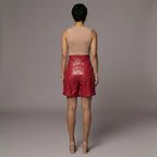 Women's Red Tailored Leather Shorts with Cuffed Hem