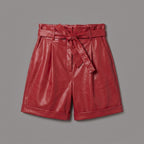 Women's Red Tailored Leather Shorts with Cuffed Hem