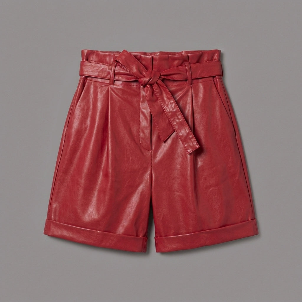Women's Red Tailored Leather Shorts with Cuffed Hem
