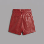 Women's Red Tailored Leather Shorts with Cuffed Hem