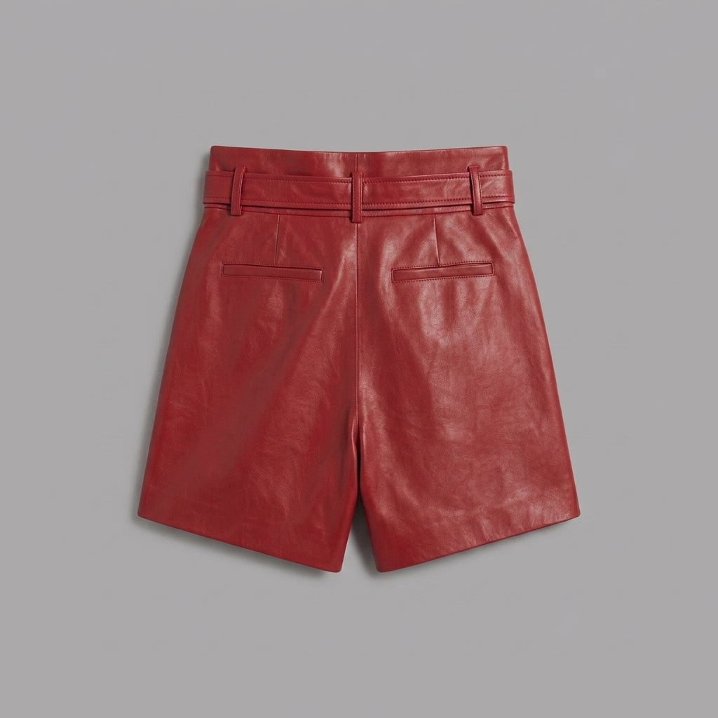 Women's Red Tailored Leather Shorts with Cuffed Hem