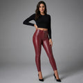 Women's Red Vegan Leather Pants with Zipper Pockets