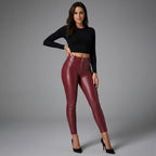 Women's Red Vegan Leather Pants with Zipper Pockets