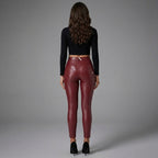 Women's Red Vegan Leather Pants with Zipper Pockets