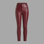 Women's Red Vegan Leather Pants with Zipper Pockets