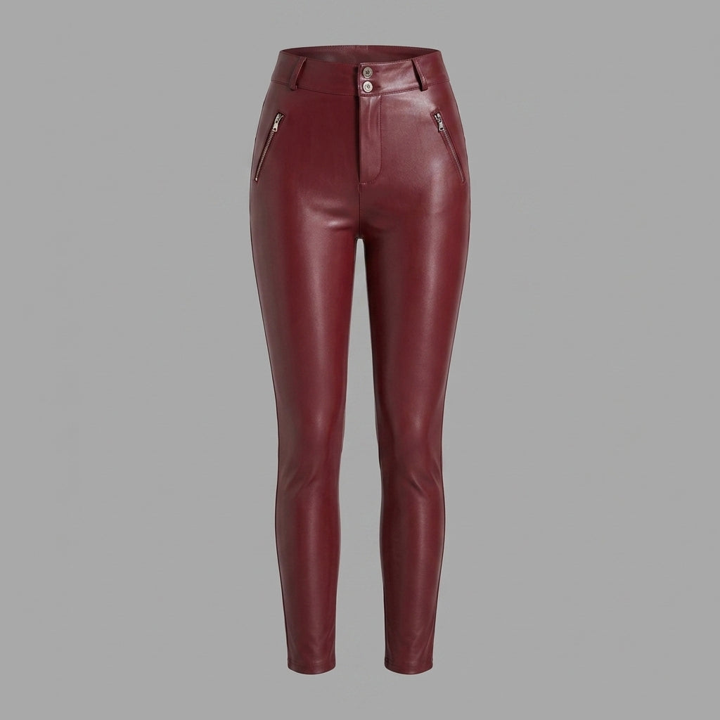 Women's Red Vegan Leather Pants with Zipper Pockets