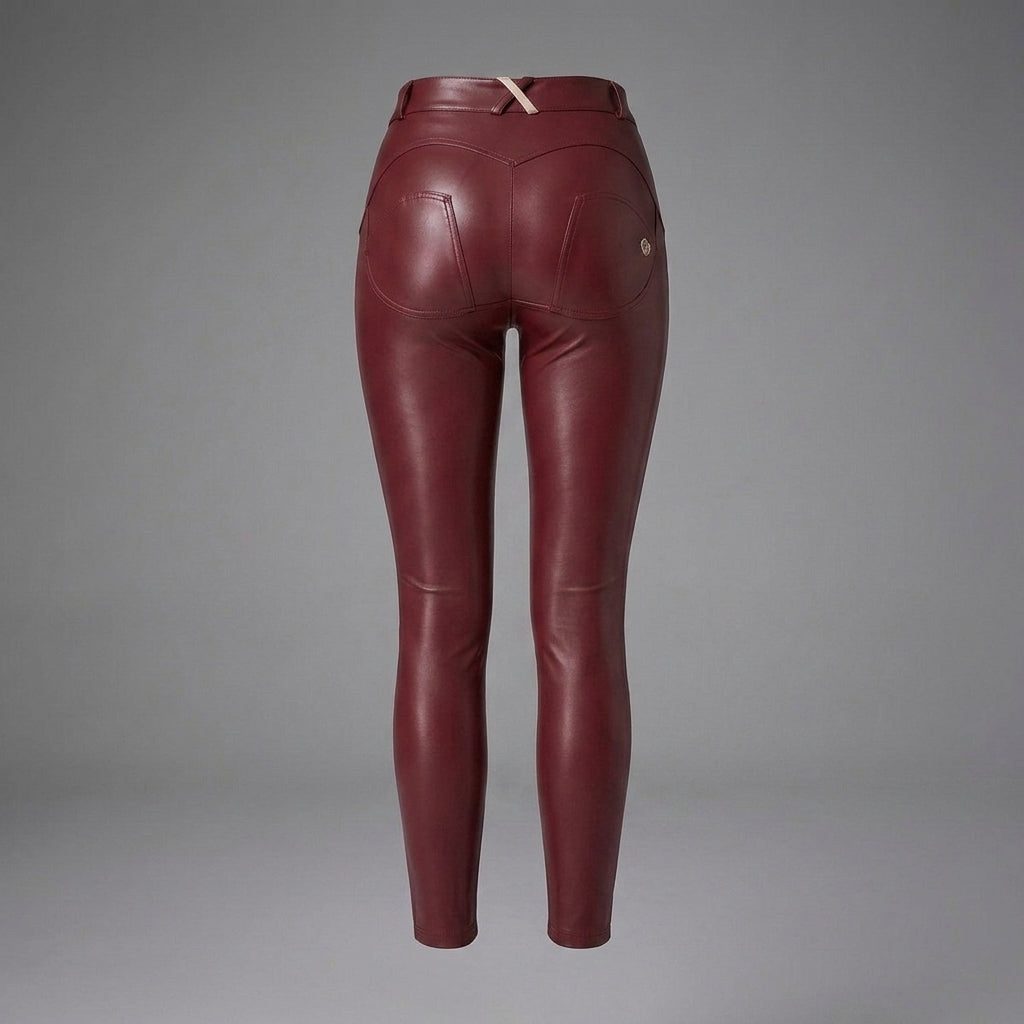 Women's Red Vegan Leather Pants with Zipper Pockets