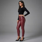 Women's Red Vegan Leather Pants with Zipper Pockets