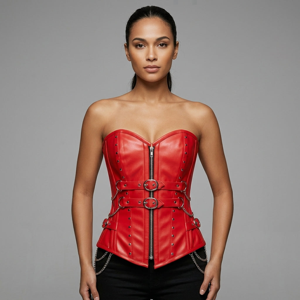 Red Chain & Zip Leather Corset