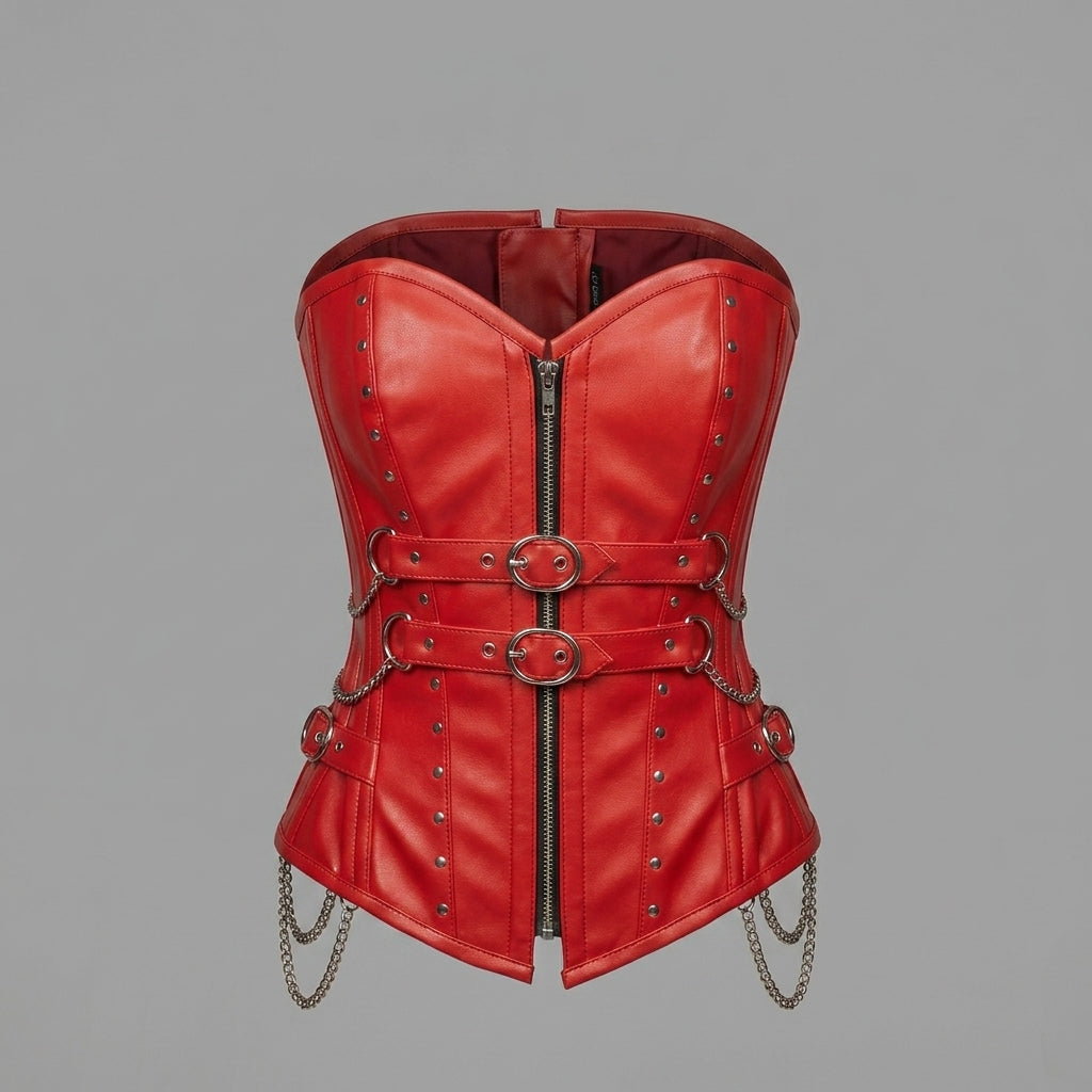 Red Chain & Zip Leather Corset