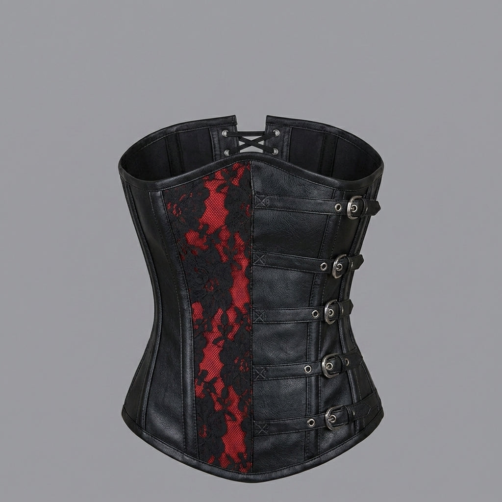 Red & Black Buckle Leather Corset