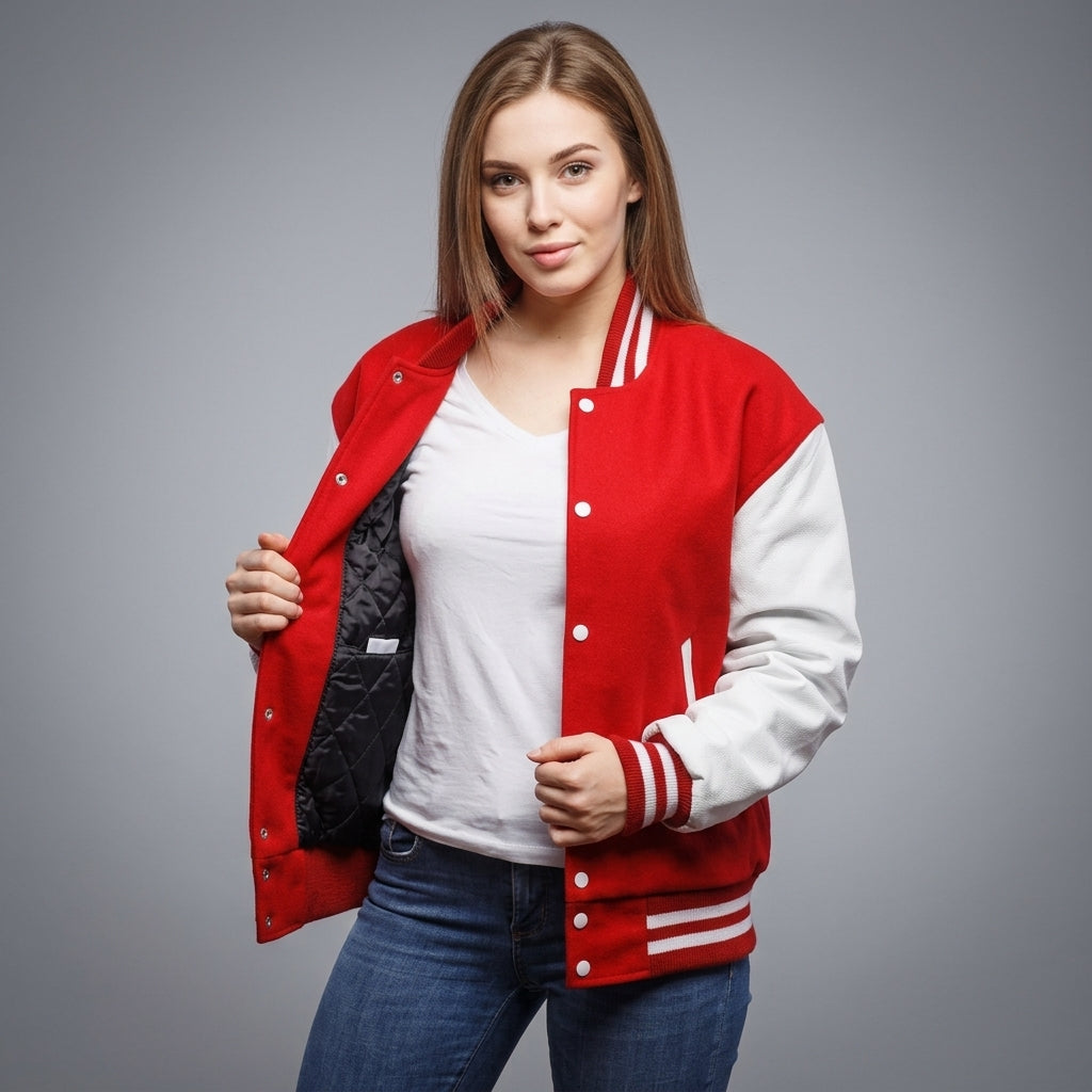 Women's Red & White Leather Varsity Jacket