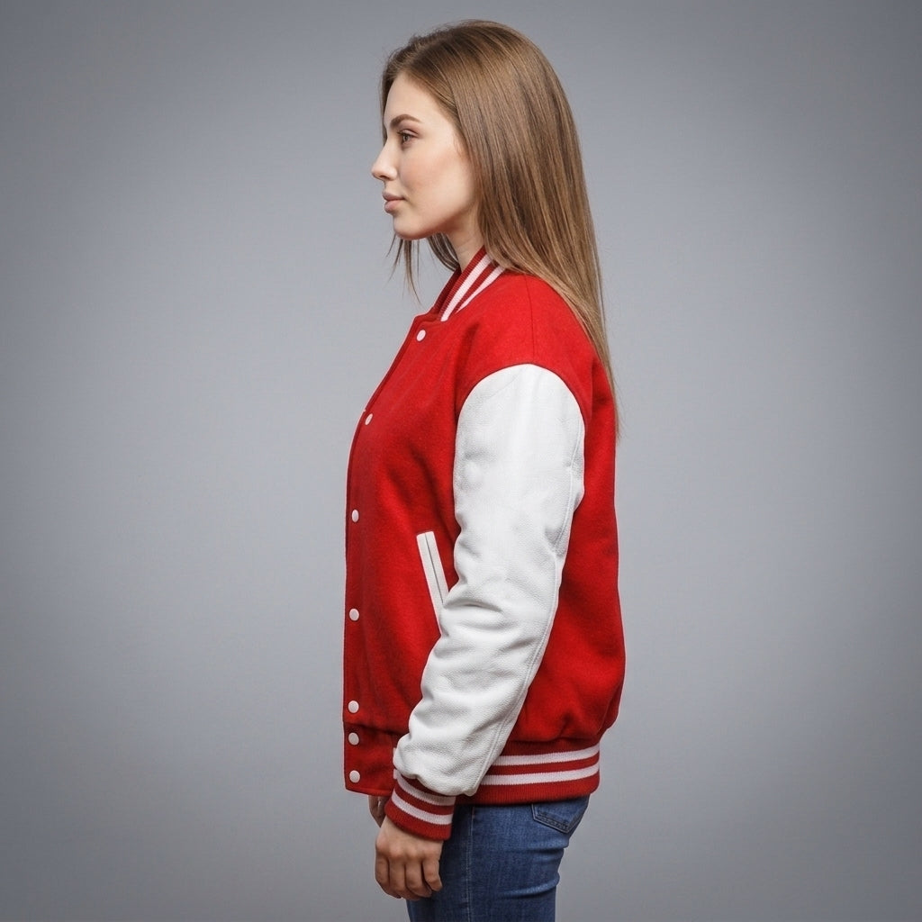 Women's Red & White Leather Varsity Jacket