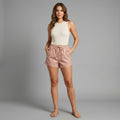 Women's Rose Gold Leather Shorts with Elastic Waist & Pockets