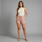 Women's Rose Gold Leather Shorts with Elastic Waist & Pockets