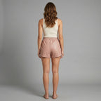 Women's Rose Gold Leather Shorts with Elastic Waist & Pockets