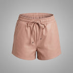 Women's Rose Gold Leather Shorts with Elastic Waist & Pockets