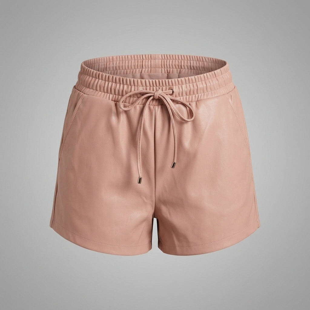 Women's Rose Gold Leather Shorts with Elastic Waist & Pockets