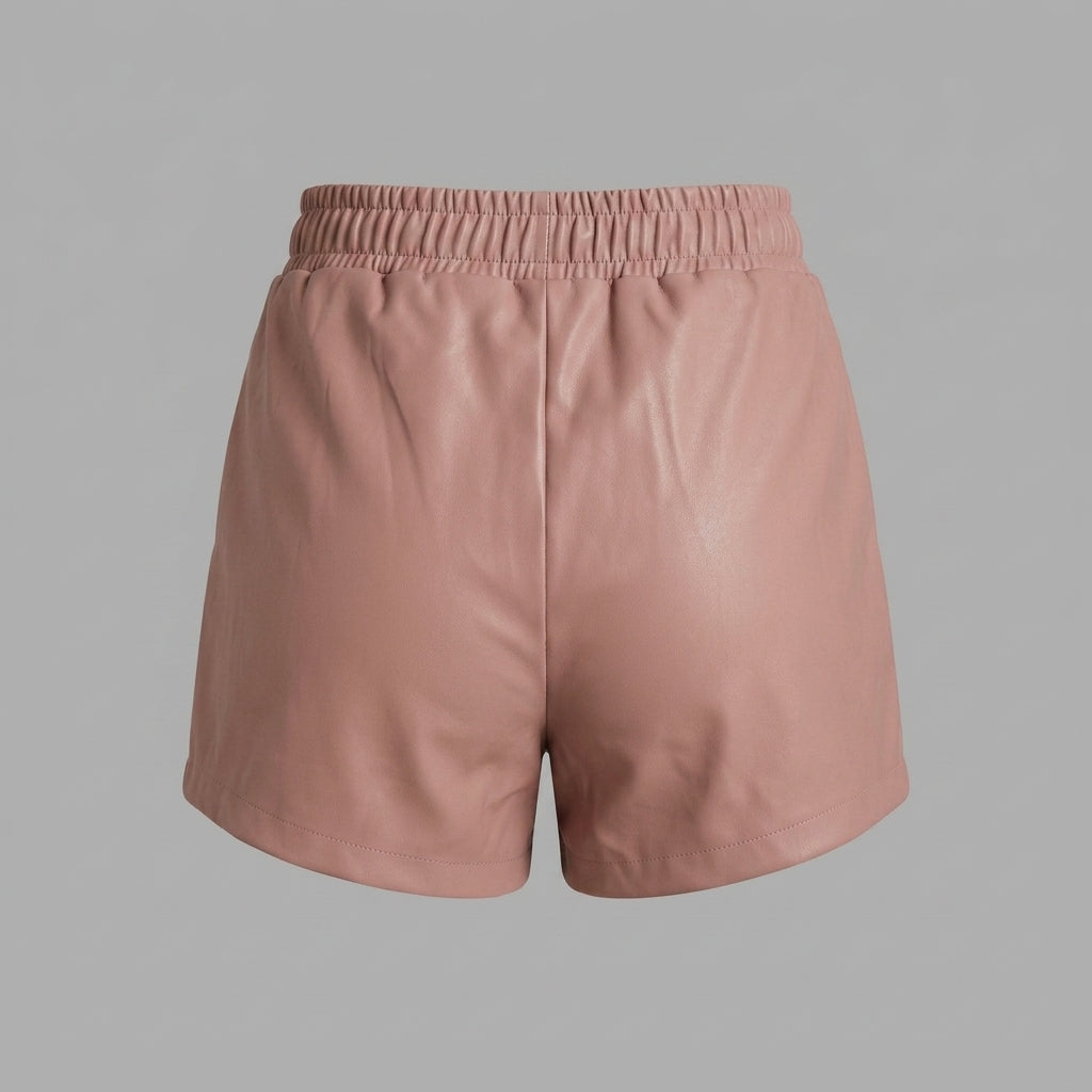 Women's Rose Gold Leather Shorts with Elastic Waist & Pockets