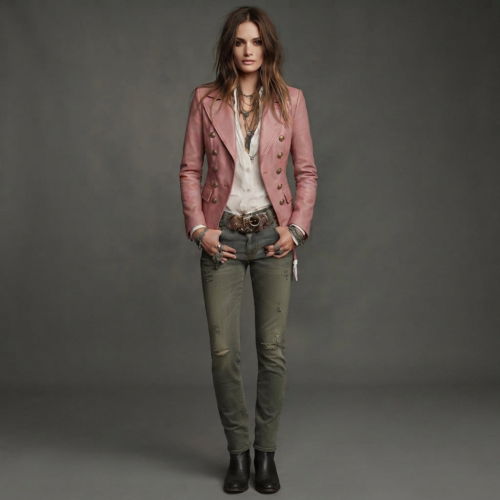 Women's Rose Pink Distressed Military Leather Blazer